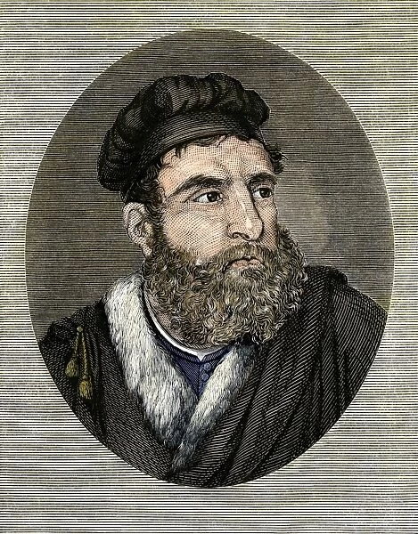 PEXP2A-00019. Portrait of Marco Polo.. Hand-colored 19th century woodcut