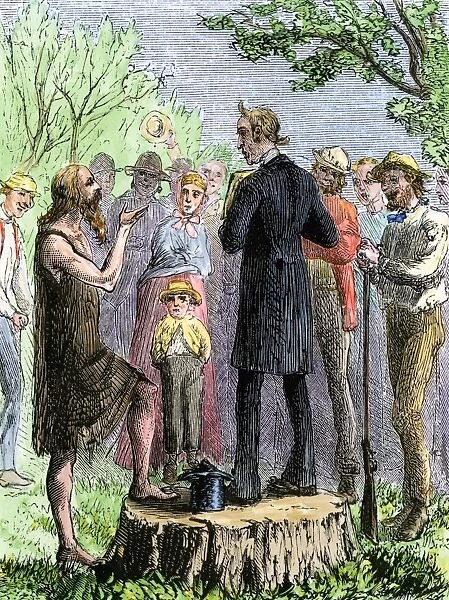 PEXP2A-00057. Johnny Appleseed addressing a preacher among settlers of Ohio Territory.
