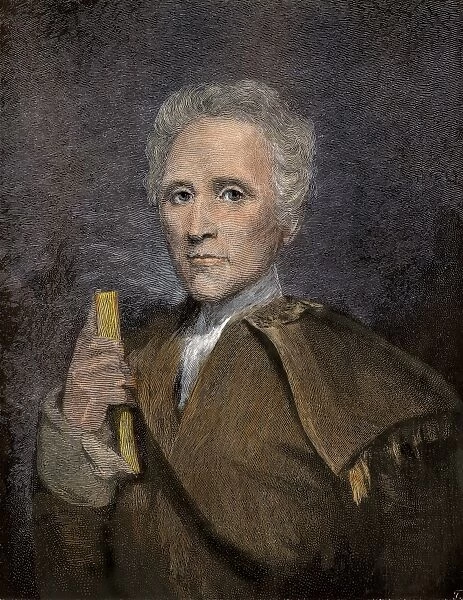 PEXP2A-00084. Daniel Boone holding a book. Hand-colored engraving from a painting by Sully