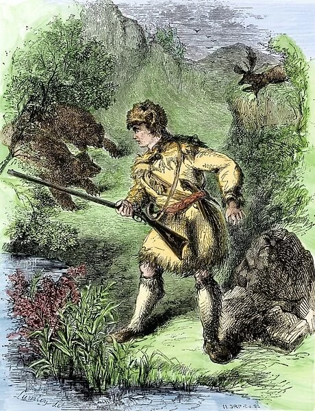 PEXP2A-00087. Davy Crockett facing grizzly bears.