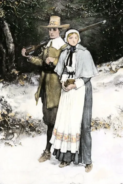Framed Print : Pilgrim couple on the way to church
