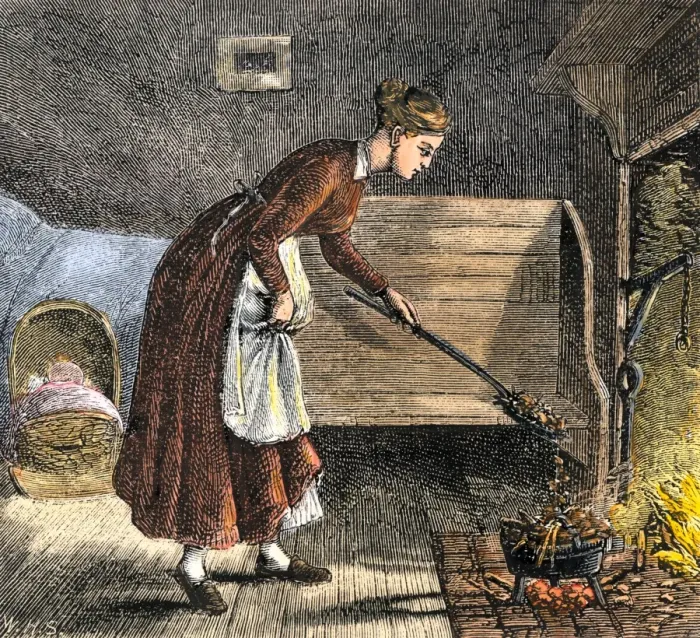 Framed Print : Pioneer mother cooking with a bake-kettle in the fireplace Framed Print : Pioneer mother cooking with a bake-kettle in the fireplace