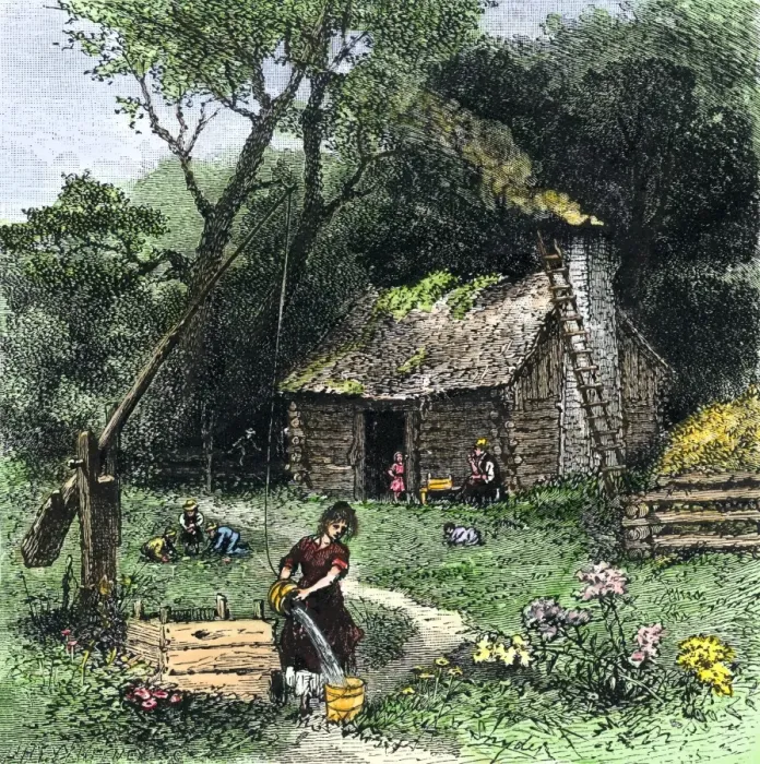 Framed Print : Pioneer woman getting water from a well near her log cabin Framed Print : Pioneer woman getting water from a well near her log cabin