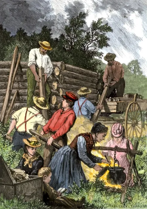 Framed Print : Pioneers building a log cabin, 1800s