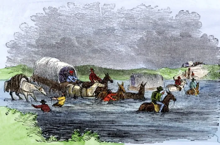 Framed Print : Pioneers fording the Snake River on the Oregon Trail