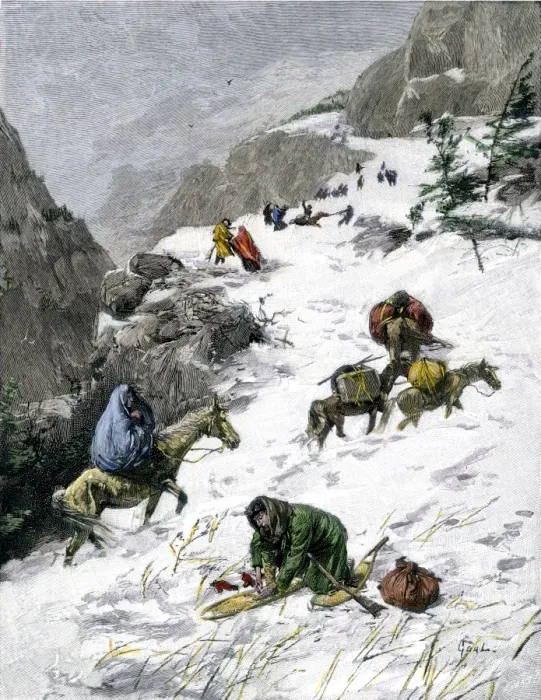 Framed Print : Pioneers in snow on the trail over the Rockies Framed Print : Pioneers in snow on the trail over the Rockies