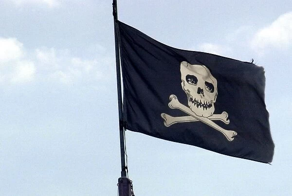 Pirate flag. Jolly Roger flag flying in former pirate seaport, Savannah, Georgia.