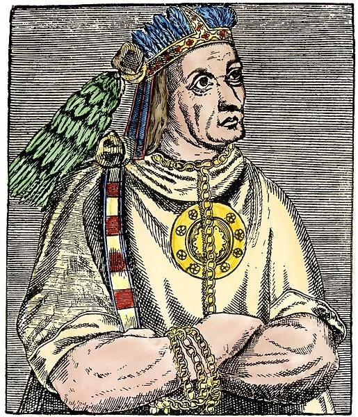 PLAT2A-00015. Atahualpa, last Inca king of Peru.. Hand-colored woodcut