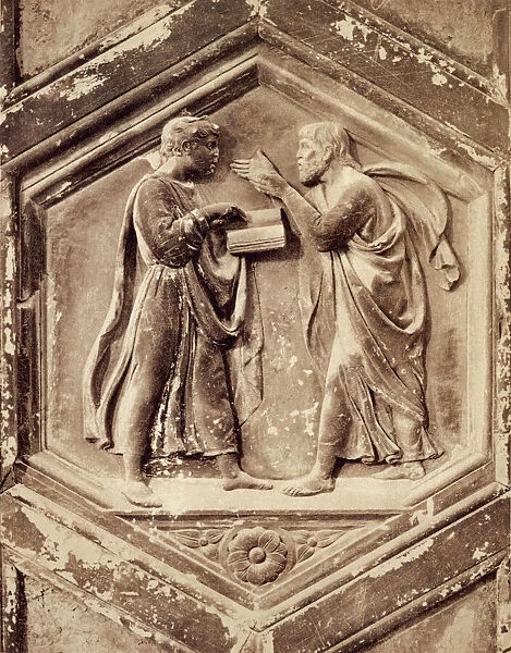 Plato and Aristotle shown in a bas-relief titled 'Logic' by Giotto on the