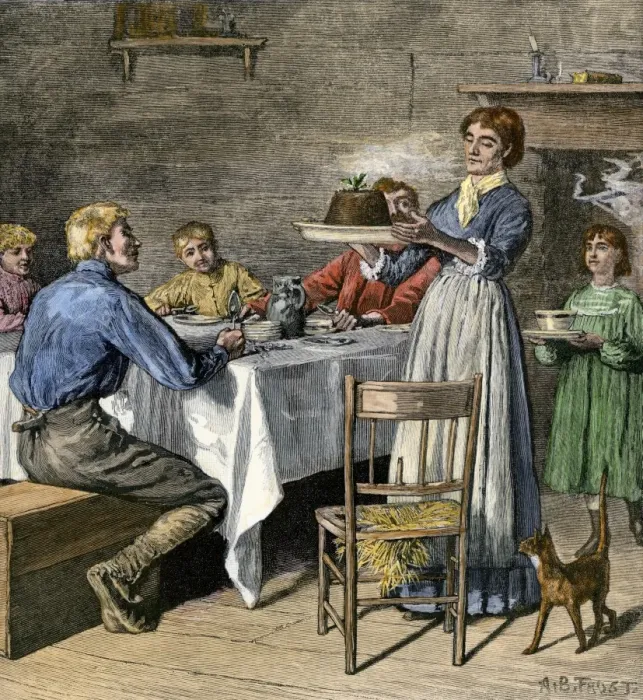 Framed Print : Plum pudding served for a frontier familys Christmas dinner Framed Print : Plum pudding served for a frontier familys Christmas dinner