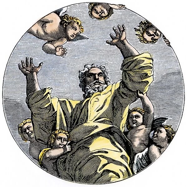 PMYT2A-00029. God creating the stars.. Hand-colored woodcut reproduction