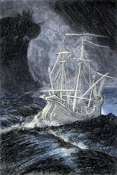 PMYT2A-00060. Ghost-ship in a storm.. Hand-colored woodcut of a 19th-century illustration