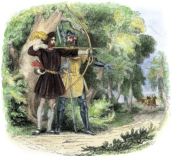PMYT3A-00012. Robin Hood and Little John hunting deer in Sherwood Forest.