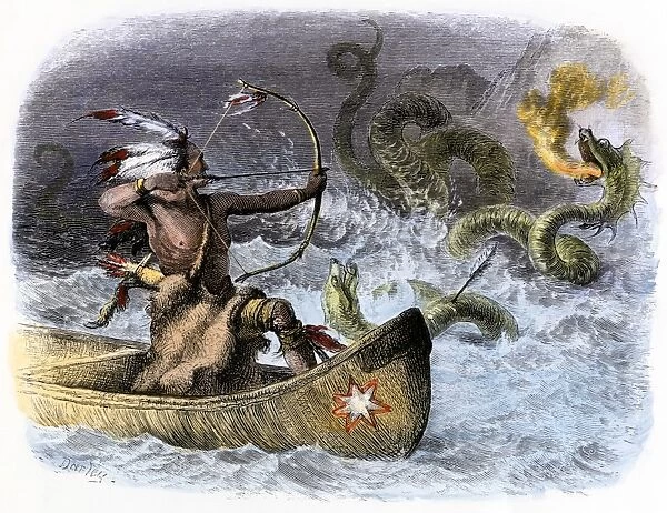 PNAT2A-00017. Hiawatha aiming his arrow at a sea-dragon.