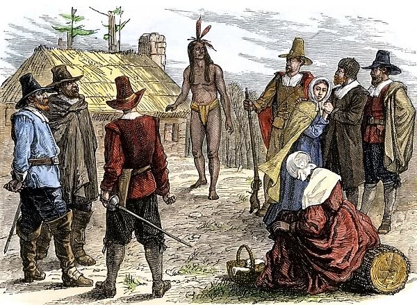PNAT2A-00027. Samoset visiting Pilgrim colonists at Plymouth, 1620s.