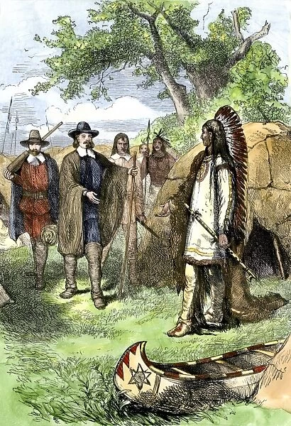 PNAT2A-00028. Chief Massasoit visited by Governor Winslow, Plymouth Colony, 1620s.