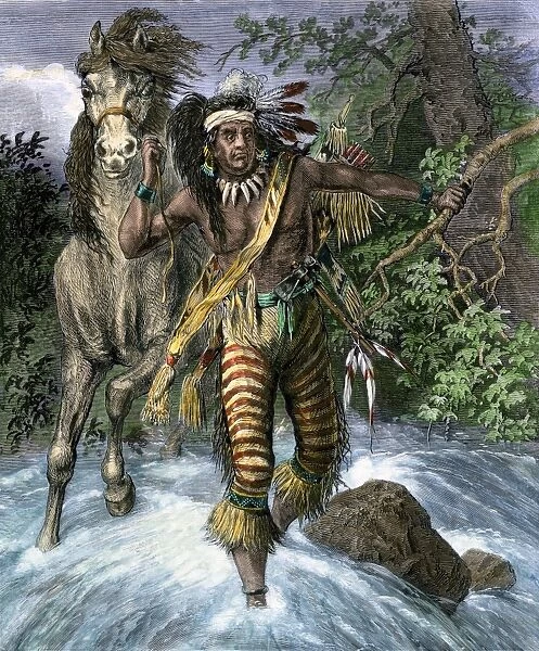 PNAT2A-00072. Sitting Bull eluding pursuers by leaving no trail in a rushing stream.