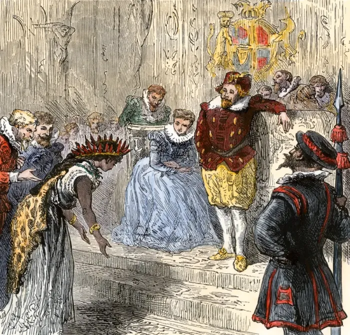 Framed Print : Pocahontas in England presented to King James I Framed Print : Pocahontas in England presented to King James I