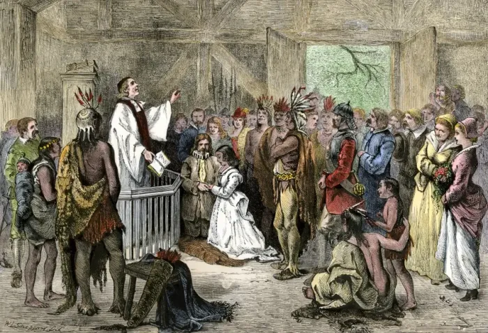 Framed Print : Pocahontas marriage to John Rolfe in Jamestown