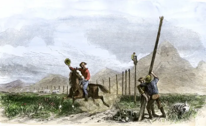 Framed Print : Pony Express rider passing workers raising telegraph poles
