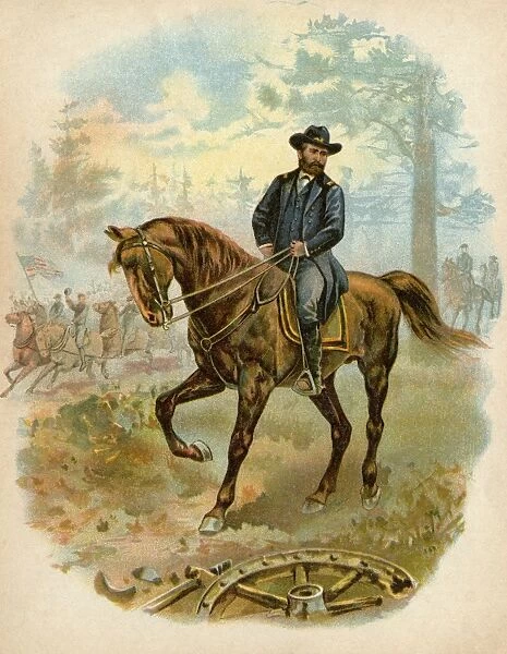PPRE2A-00036. Union General Ulysses S. Grant on horseback on a Civil War battlefield.
