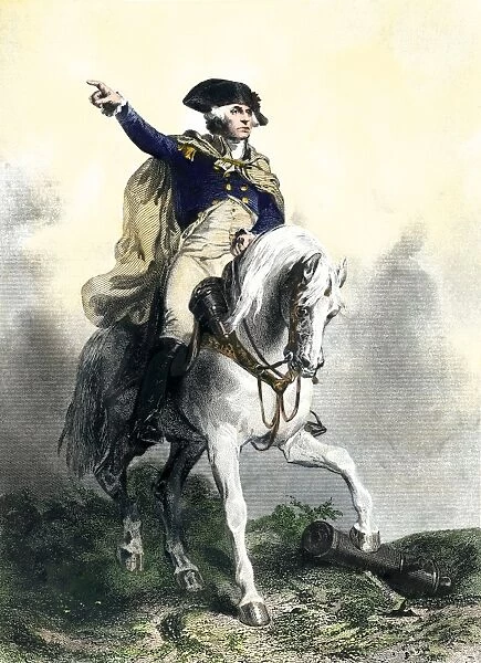 PPRE2A-00100. General George Washington in battle on horseback, Revolutionary War.