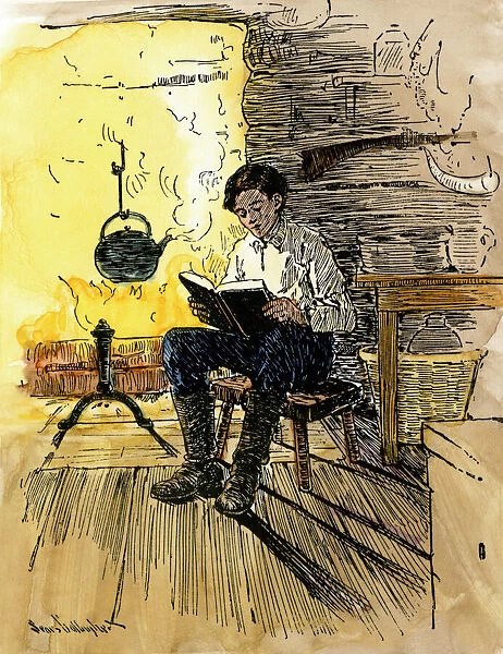 PPRE2A-00102. Abe Lincoln as a boy reading by firelight in his family's cabin.