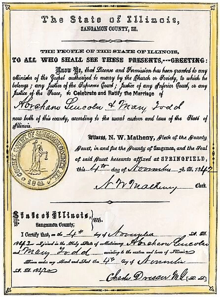 PPRE2A-00155. Marriage certificate of Abraham Lincoln and Mary Todd, 1847.