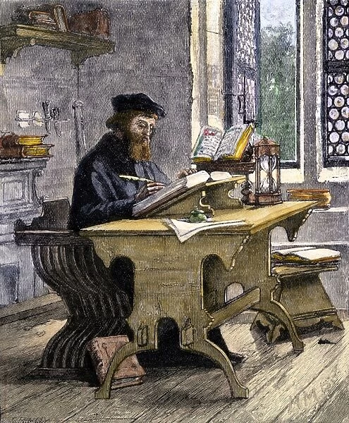 PREL2A-00057. John Wycliffe translating the Bible into English, 1300s.