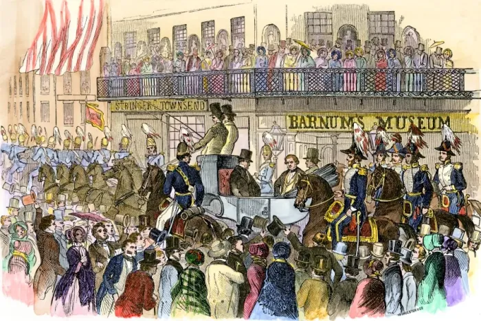 Framed Print : President Fillmores parade passing Barnums Museum on Broadway in New York City