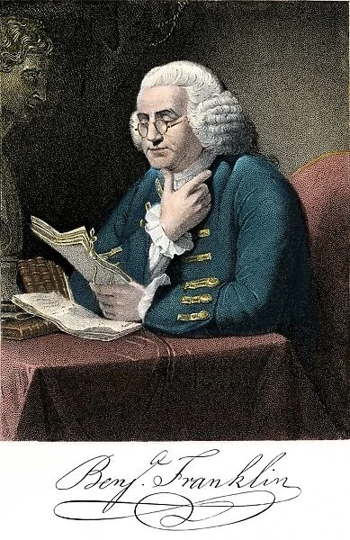 PREV2A-00004. Benjamin Franklin at his desk, with his signature.. Hand-colored engraving