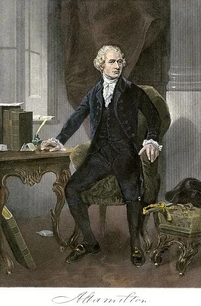 PREV2A-00025. Alexander Hamilton at his desk, full portrait, with autograph.
