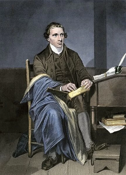 PREV2A-00029. Patrick Henry writing.. Hand-colored engraving of a painting