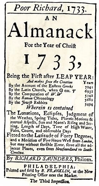 PREV2A-00045. Title page of Benjamin Franklins ' Poor Richards Almanack, ' 1733.