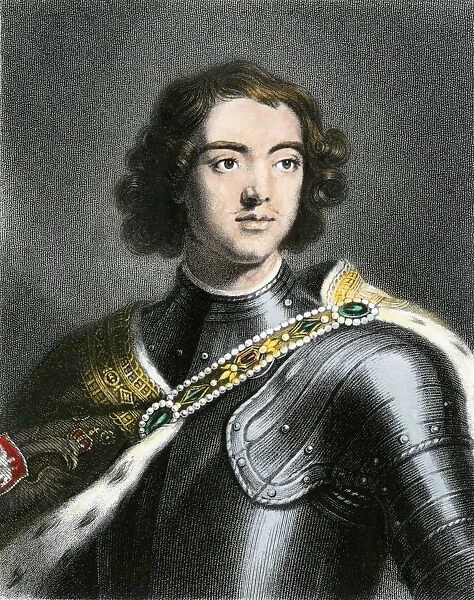 PROY2A-00036. Peter the Great in armor.. Hand-colored engraving of a portrait