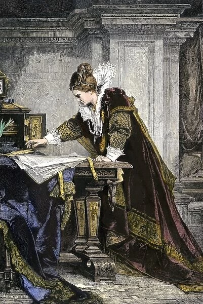 PROY2A-00081. Elizabeth I signing the death warrant to execute Mary, Queen of Scots.