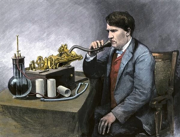 PSCI2A-00032. Thomas Edison speaking through his perfected phonograph.