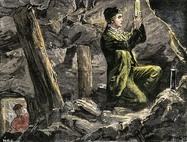 PSCI2A-00056. George Stephenson experimenting with his safety lamp in an English coal mine