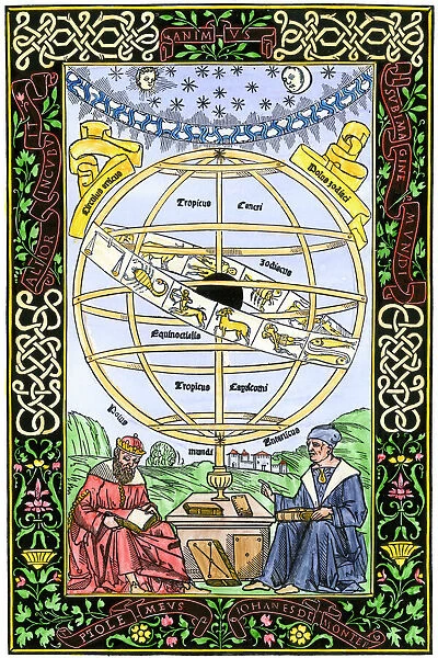 PSCI2A-00097. Ptolemys earth-centered cosmological system, explained by Muller, 1400s.