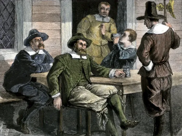 Framed Print : Puritans drinking from pewter mugs in colonial Massachusetts