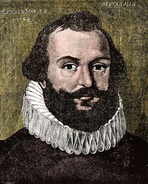 PUSA2A-00015. Myles Standish.. Hand-colored woodcut reproduction of a portrait