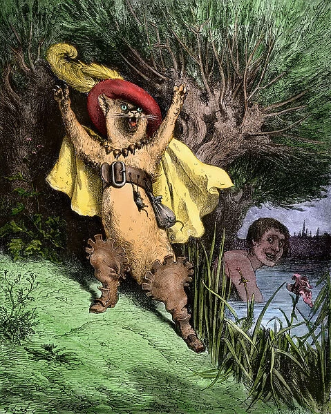 Puss-in-Boots.. Hand-colored woodcut of a 19th-century illustration