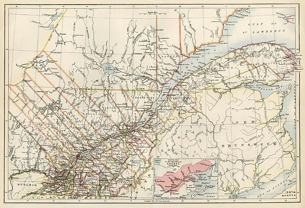 Quebec, 1870s. Map of Quebec province, Canada, 1870s.. Printed color lithograph
