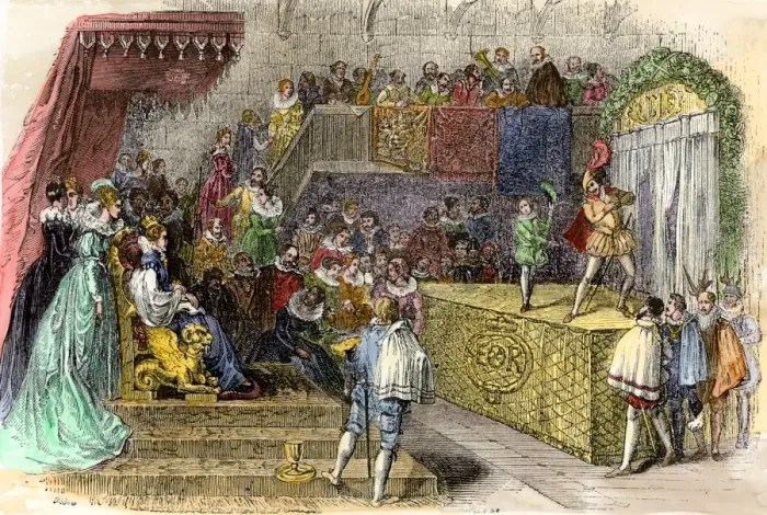 Framed Print : Queen Elizabeth enjoying a play by Shakespeare Framed Print : Queen Elizabeth enjoying a play by Shakespeare