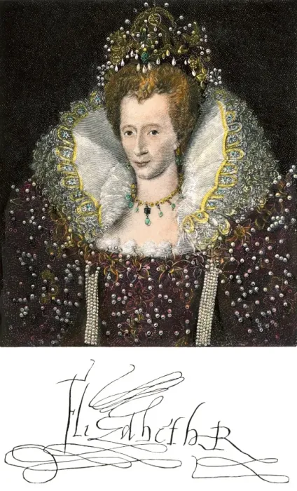 Framed Print : Queen Elizabeth I, with her signature Framed Print : Queen Elizabeth I, with her signature