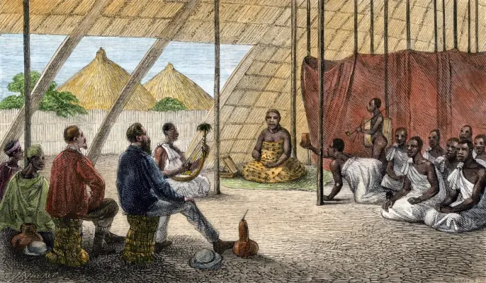 Framed Print : Queen of Uganda receiving British explorers Speke and Grant Framed Print : Queen of Uganda receiving British explorers Speke and Grant
