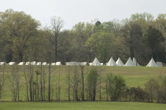 Framed Print : Reenactment of a Civil War army camp, Shiloh battlefield