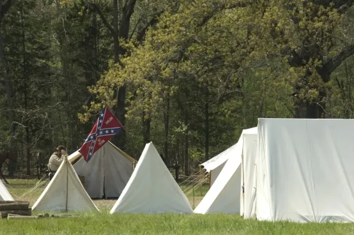 Framed Print : Reenactment of a Confederate encampment, Shiloh battlefield
