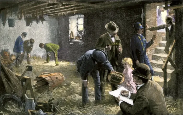 Framed Print : Reporters working a murder story, 1890s Framed Print : Reporters working a murder story, 1890s