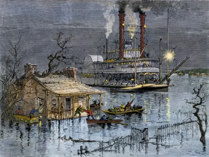 Framed Print : Rescue of flood victims on the Mississippi River, 1800s Framed Print : Rescue of flood victims on the Mississippi River, 1800s